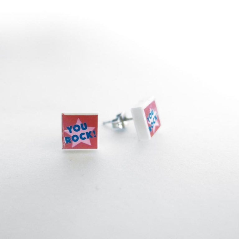 Brickly - Jewellery - Square Printed Lego Tile Stud Earrings - You Rock!