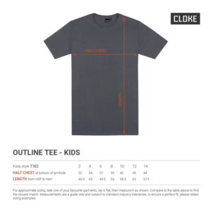 Brickly Apparel - Cloke - T-Shirt- Kids - T102- Size Chart
