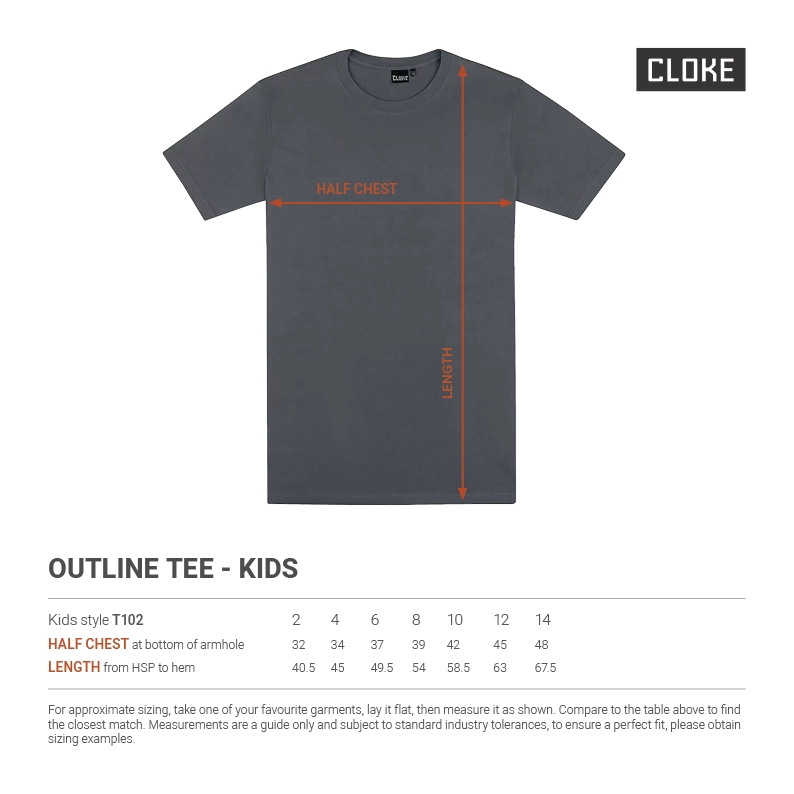 Brickly Apparel - Cloke - T-Shirt- Kids - T102- Size Chart
