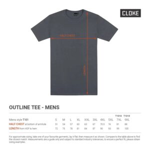 Brickly Apparel - Cloke - T-Shirt- Mens - T101- Size Chart