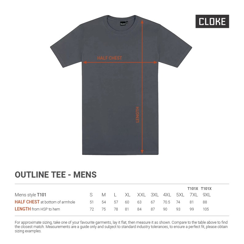 Brickly Apparel - Cloke - T-Shirt- Mens - T101- Size Chart