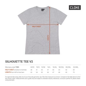 Brickly Apparel - Cloke - T-Shirt- Womens - T203- Size Chart